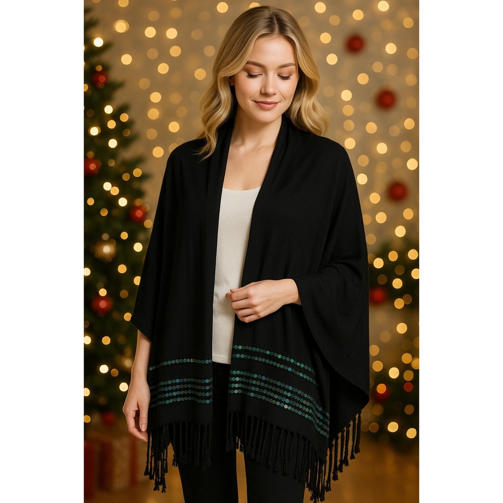Black Sequined Fringe Shawl Wrap‎ Scarf One Size Evening Special Occasion